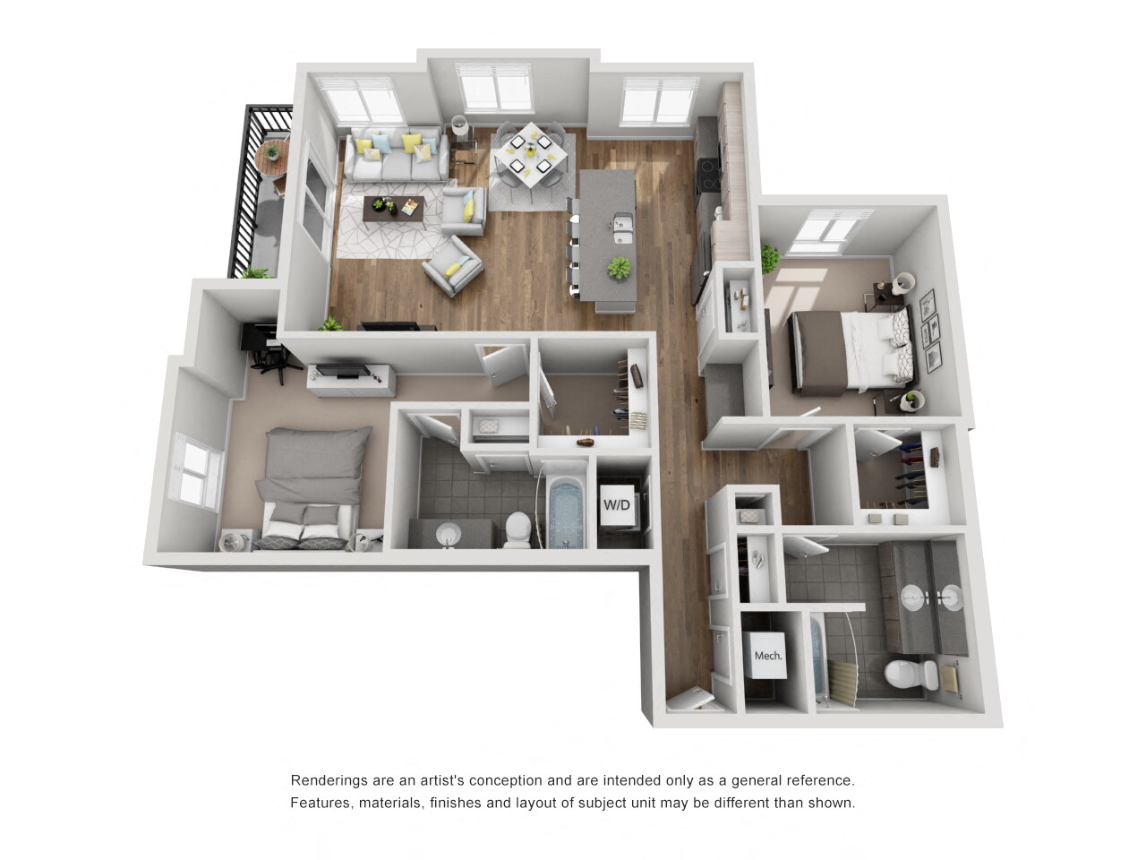 Floor plan for 2 beds, 2 baths, 1254 sqft